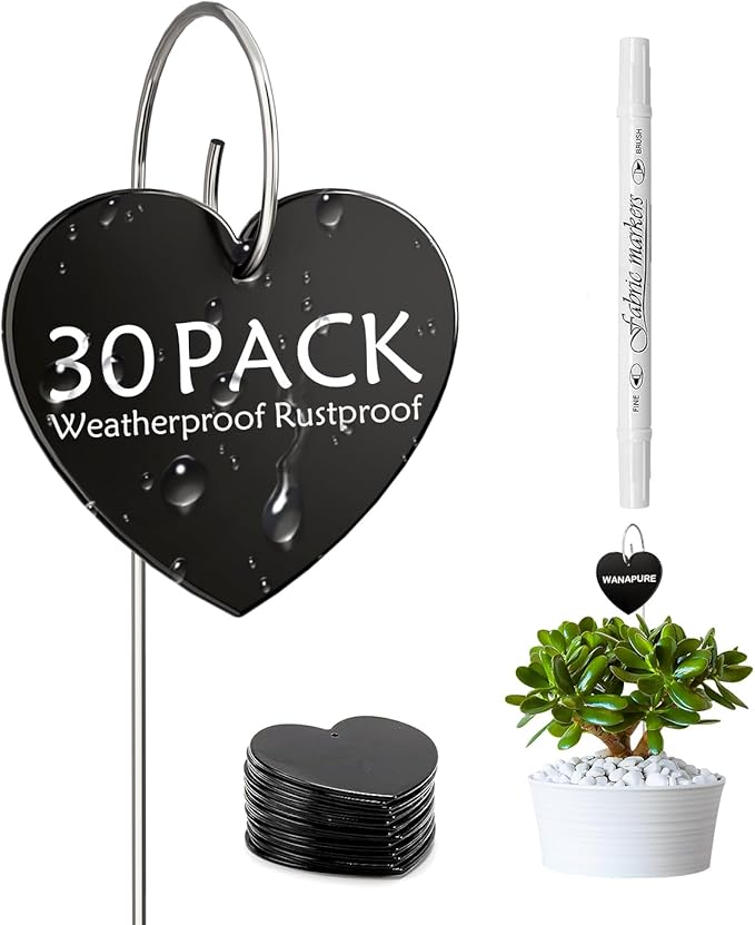 30-Pack Iron Metal Heart Shaped Garden Markers Weatherproof Metal Plant Labels Large Planting Seedling Stake Signs, for Seedlings Herbs Vegetable Greenhouse Gifts with White Marker Pen Labels