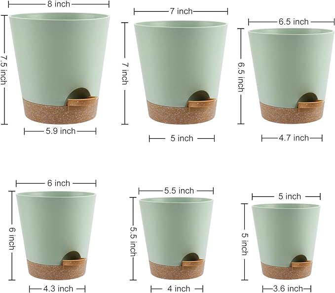 Indoor Self Watering Planters with Drainage Holes and Saucers, 8, 7, 6.5, 6, 5.5, 5 Inches, Green, 6 Pots.