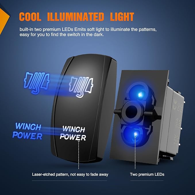 Nilight Winch Power Rocker Switch Led Light Bar 5 Pin Laser On Off SPST Switches 20A/12V 10A/24V Blue with Jumper Wires Set for Cars Trucks Boats ATVs UTVs RVs