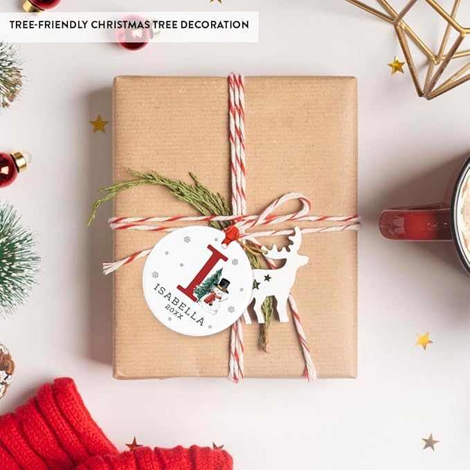 Andaz Press Personalized Ornament, Custom Name, Initial I Monogram Snowman 2.8" Ceramic Porcelain 2025 Christmas Ornament Keepsake for Kids, Boys, Girls, Includes Gold Ribbon & Gift Box, 1-Pack