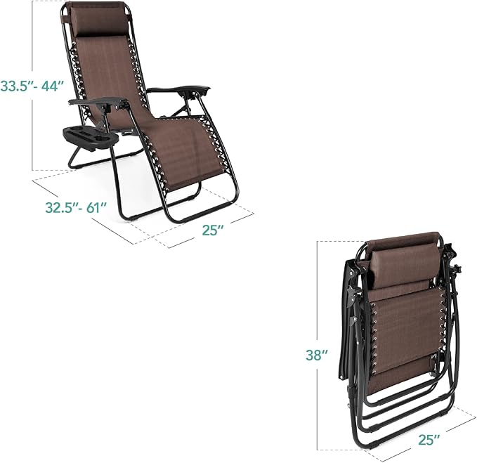 Best Choice Products Set of 2 Adjustable Steel Mesh Zero Gravity Lounge Chair Recliners w/Pillows and Cup Holder Trays - Brown