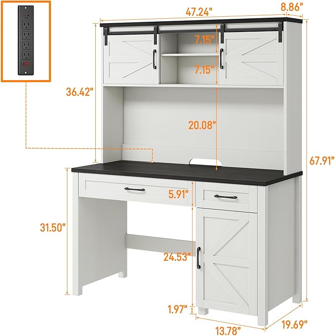 Farmhouse 47" Executive Desk, Computer Desk with Drawers and Storage Cabinet, Home Office Desks with Hutch and Charging Station, Workspace for Work & Study (Black).