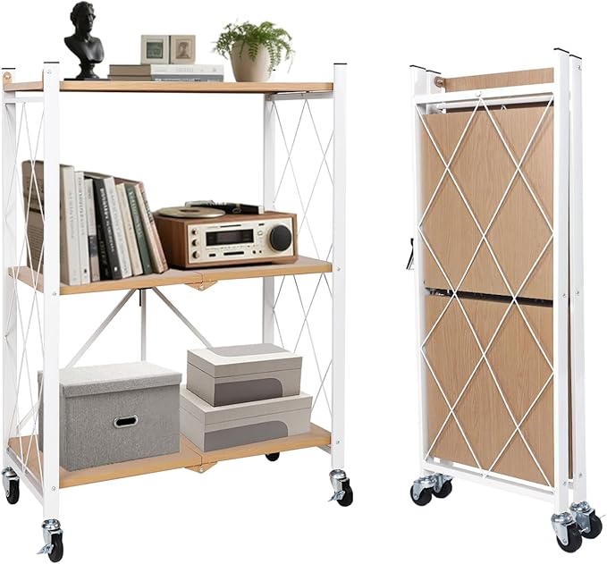 BAOYOUNI 3-Tier Vintage Industrial Bookshelf - No Assembly Folding Storage Shelf with Woodgrain Finish | Collapsible Metal Bookcase for Living Room, Office & Bedroom
