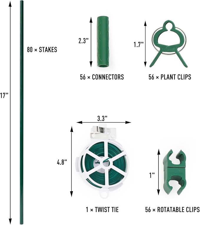 MAXPACE 249pcs Garden Stakes Kit: Includes 80 Sets of Fiberglass Plant Sticks Supports & Accessories for DIY 4ft, 5ft, 6ft, 7ft Stakes for Tomato, Vegetables, Indoor & Outdoor Gardening Supplies