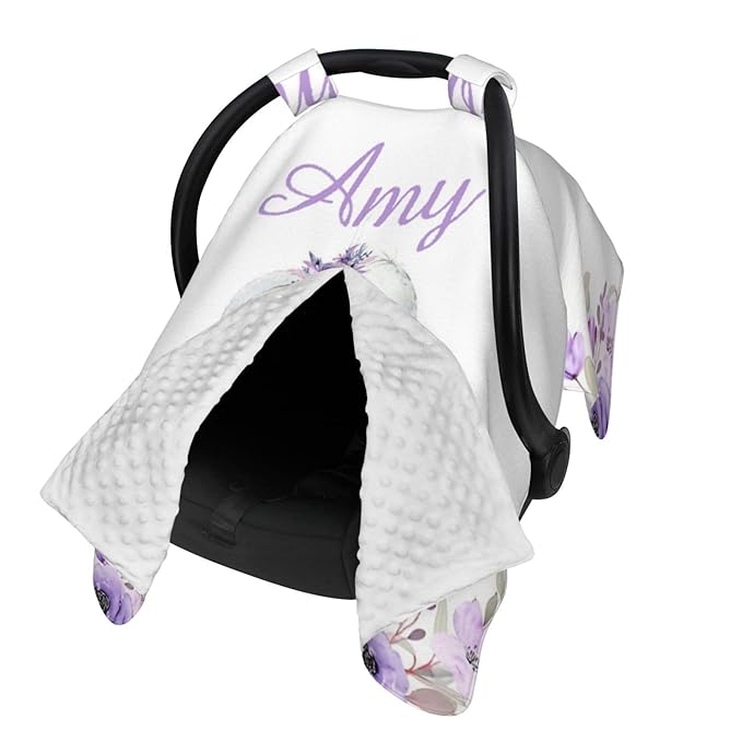 Personalized Baby Car Seat Canopy for Babies with Name, Custom Elephant Purple Stroller Car Seat Covers for Girls, Minky Nursing Carseat Cover for Breastfeeding, Car Seat Canopies for Newborn