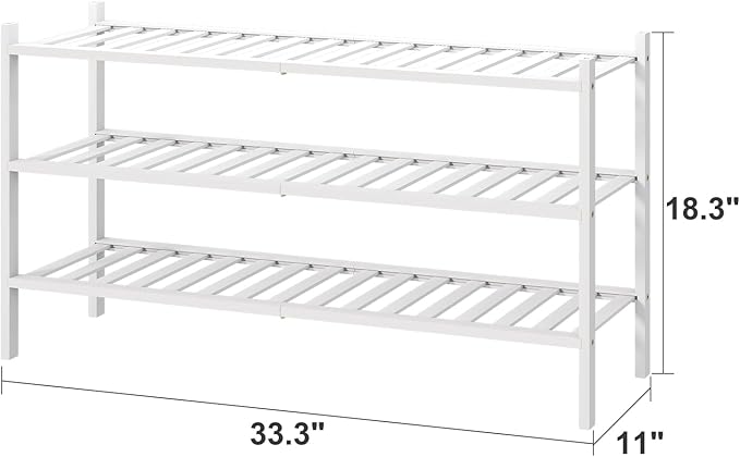 3-Tier Long Shoe Rack, Bamboo Wood Shoe Rack for Closet, Entryway & Hallway, Stackable White Shoe Shelf Storage Organizer for Indoor Outdoor