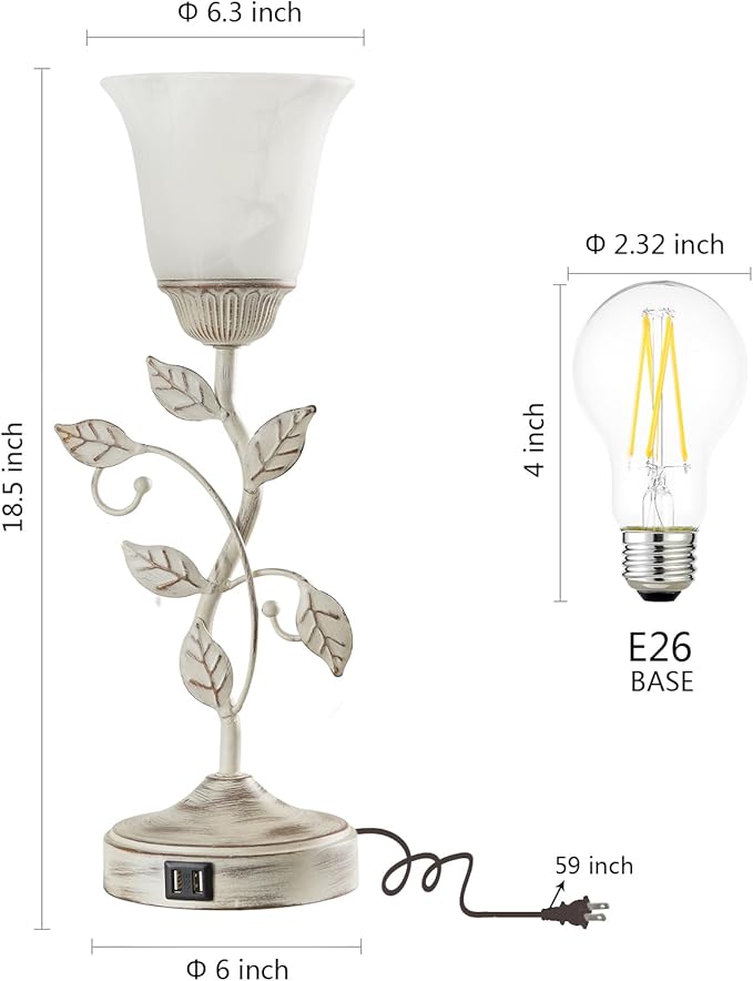 RORIANO Set of 2 Rustic Touch Table Lamps for Bedroom, 3-Way Dimmable Nightstand Flower Lamp with 2 USB Ports, Retro White Glass Shade Leaf Lamp for Living Room Entryway, 2 LED Bulb Included
