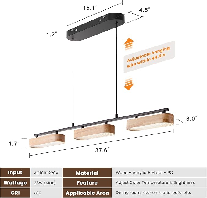 37.6" Linear Kitchen Island Lighting, 28W Wood Farmhouse Chandelier Dining Room Light Fixture, 3-Light Rustic Dimmable Pendant Lights for Kitchen Island Over Table