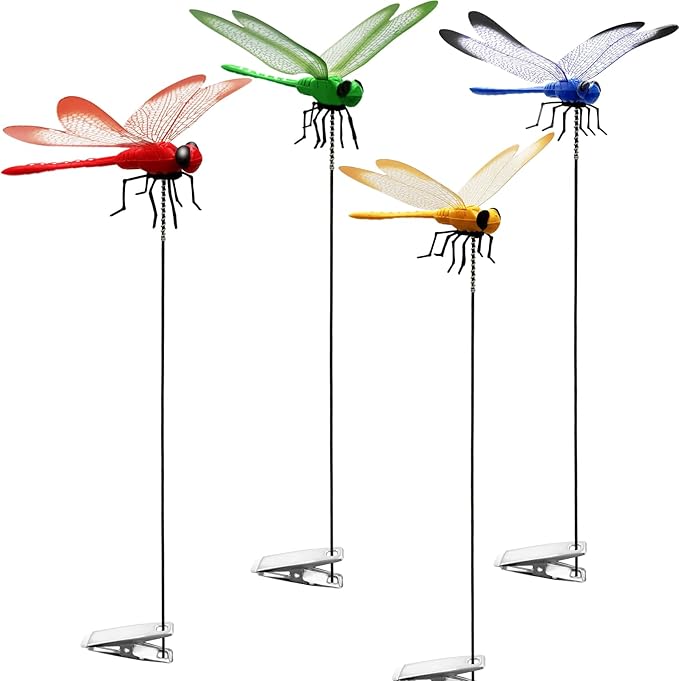 Dragonfly Clip on Hat, Dragonfly Garden Décor, 3D Fake Dragonflies the Deer or Horse Fly Nature Enemy to Scare Garden Fly for Indoor Outdoor Yard Patios Plants Flower and DIY Decoration(4Pcs-Colorful)