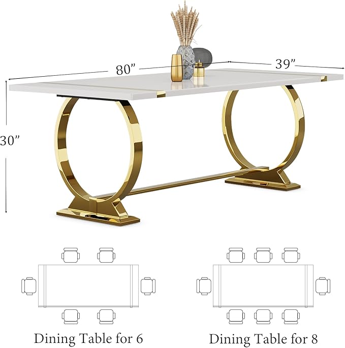 Asday Modern Large Dining Table, 80 Inch White and Gold Dining Table Unique Kitchen & Dining Room Table for 6-8, with White Tabletop and U Shape Stainless Steel Base