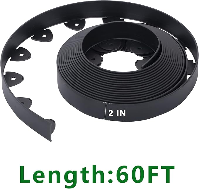 No Dig Landscape Edging Kit 60FT 2IN Tall with Scissors, Heavy Duty PP Material Garden Edging with 54 Anchoring Spikes, Edging for Landscaping, Garden, Black