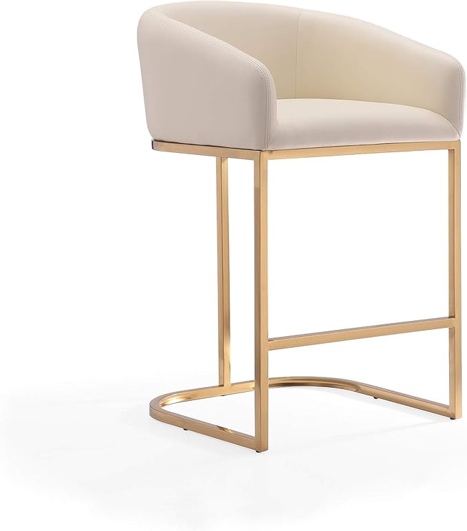 Manhattan Comfort Louvre 26 Inch Mid Century Modern Counter Height Bar Stools - Elegant Faux Leather Padded Seat, Stainless Steel Base with Footrest, Fully Assembled Barstools, Set of 3, Cream