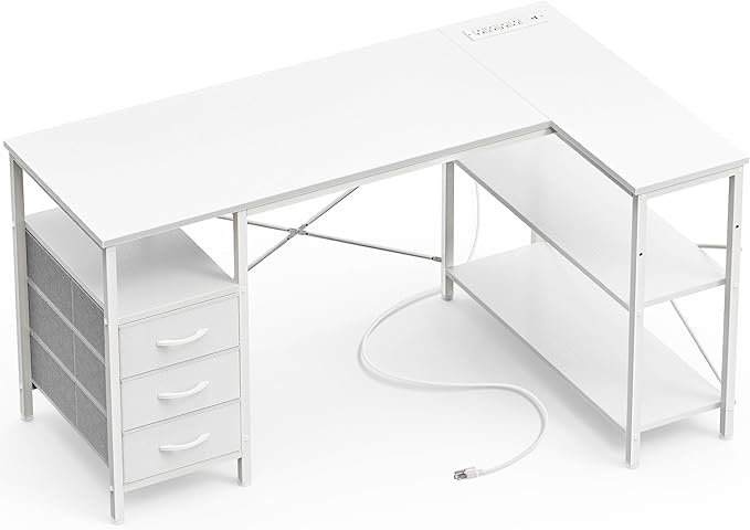 Huuger L Shaped Office Desk with Power Outlets, 47 Inch Computer Desk with 3 Drawers, Shelves, for Gaming, Corner Work, Home Office, Study, White