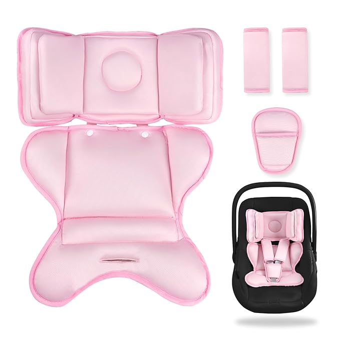 Infant Car Seat Insert with 2 Headrest for Doona|Graco, Thickened Baby Car Seat Head Support for Newborn, Reveable Baby Car Seat Cushion for Side Impact Protection, Pink