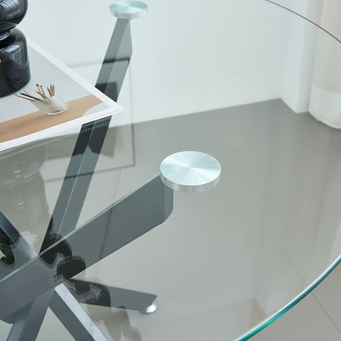 36" Round Glass Dining Table Modern Kitchen Glass Top Table for 4 with Black Metal Legs, Clear Dining Table Kitchen Table for Home Office Dining Room