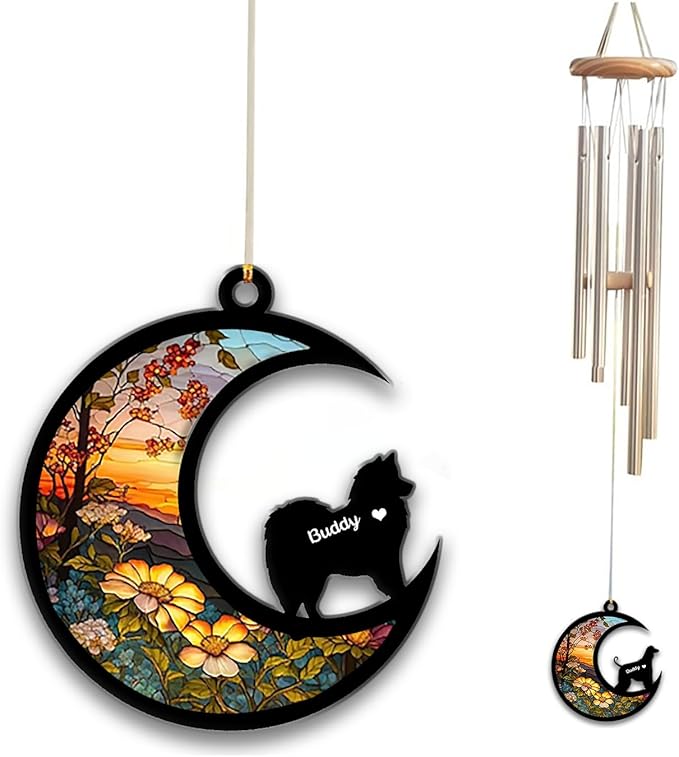 American Eskimo Sun Catcher Wind Chime, Custom Sunflower Suncatcher Dog Memorial Wind Chime, Dog Loss Gift, Dog Sympathy Gift, Pet Loss Suncatcher, Outdoor Garden Decor