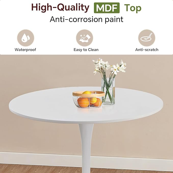 Small Space 31.5 Inch White Round Tulip Dining Table - Modern Pedestal Base Kitchen Table for 2-4 People - Easy Assembly & Easy to Clean