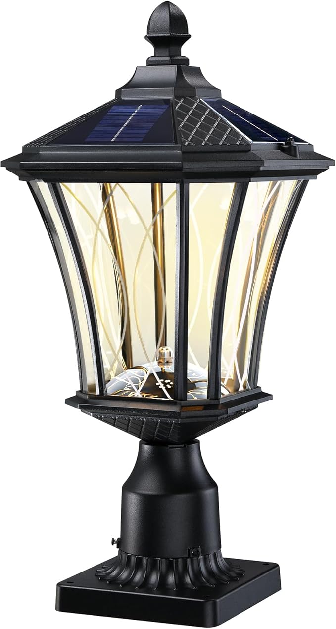 19.6" Solar Post Lights, Dusk to Dawn Outdoor Post Lights Solar Lamp Post Light, Black Pole Lights Outdoor with Pier Mount Base, Waterproof Outdoor Lamp Post for Yard FrontDoor Pathway Garage, 1 Pack