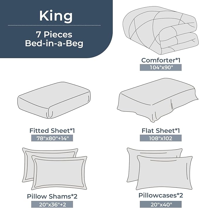 HEVUMYI King Comforter Set - 7-Piece All Season Bed in a Bag King, Ultra Soft Bedding Set with Comforter, Flat Sheet, Fitted Sheet, Pillowcases, Pillow Shams, Black & Light Grey