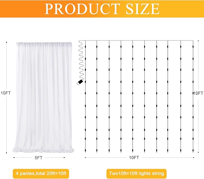 Fomcet Tulle Curtains with Lights String White 20FT X 8FT Sheer Backdrop Curtains for Parties Wedding Baby Shower Photo Shoot Decorations (4 Panels 5x8FT)