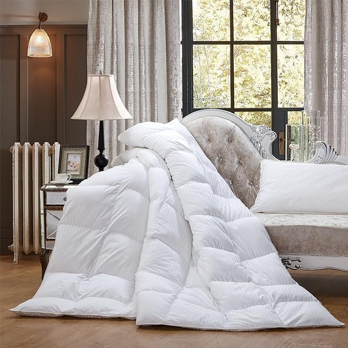 Luxurious All-Season Goose Down Feather Fiber Comforter Duvet Insert, Exquisite Palatial King White Stripe Design, 120" x 98 ", Premium Baffle Box, 100% Cotton Down Proof Fabric, 75 oz. Fill Weight