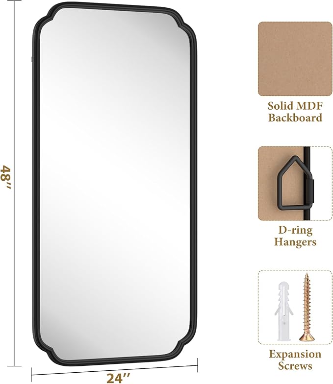 48 x 24 Inch Black Bathroom Vanity Mirror for Wall with Metal Frame Modern Rectangle Rounded Corner Wall Decor Mirror for Big Bathroom Over Sink (Horizontal/Vertical)