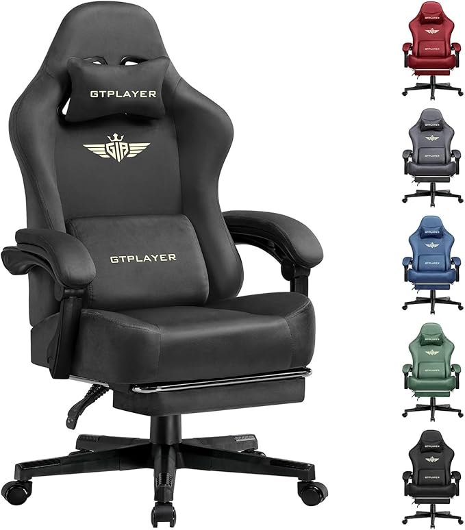 GTPLAYER Gaming Chair Fabric with Pocket Spring Cushion, Big and Tall Gamings Chairs 350LBS High Back Computer Chair with Footrest for Adults Lumbar Support Swivel Game Chair for Office Dark Grey