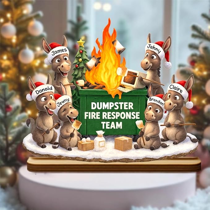 Funny Donkey Dumpster Fire Response Team Wooden Plaque 2025, Personalized Flaming Dumpster Sign, Custom Name Group Plaque, Matching Holiday Decor, Humorous Gift for Coworkers