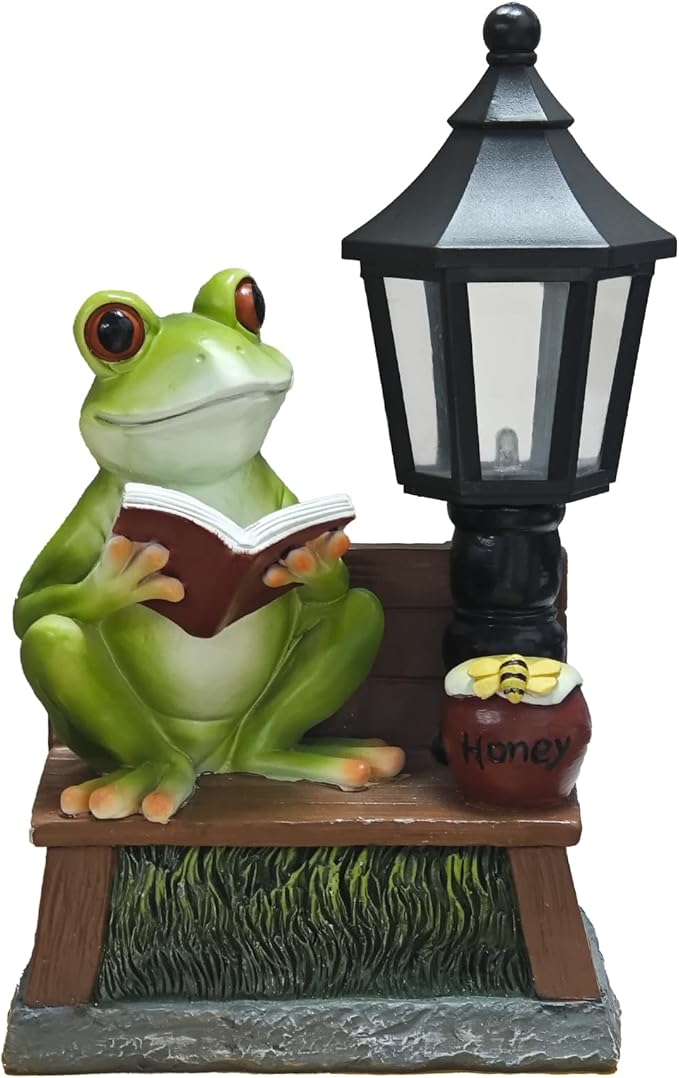 Frog Garden Statue Home Outdoor Decor - Solar Frogs Learning Sculptures Auto LED Waterproof Lights, Garden Outside Figurine Ornament, Women/Gardening/Housewarming Gift for Yard/Pond