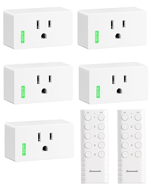 DEWENWILS 200FT Range Remote Control Outlet, No Interference Strong Signal, Indoor Wireless Outlet Switch for Lamps, Fans, Lights, 15A/1800W, ETL Listed (5 Outlets + 2 Remotes)