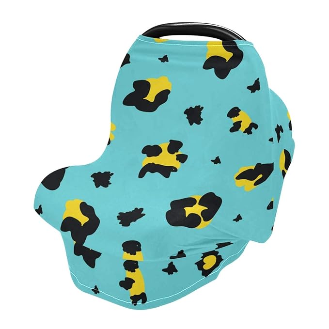 Colorful Teal and Yellow Leopard Baby Car Seat Covers, Nursing Cover Breastfeeding Scarf Soft Breathable Stretchy Coverage, Infant Stroller Cover for Boys Girls