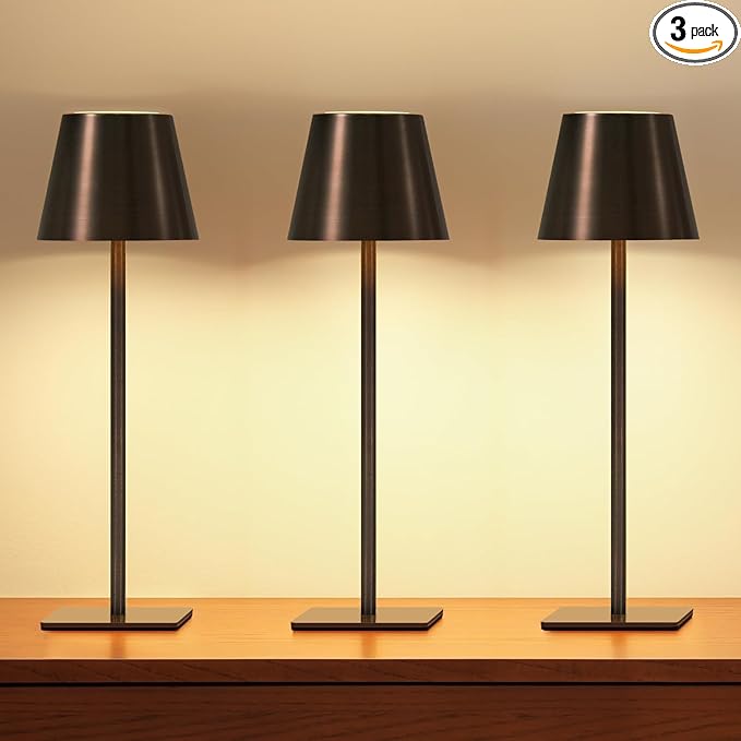 UME 3 Pack Cordless Table Lamp, Battery Operated Lamp - Portable Waterproof Rechargeable Table Lamp w/ 3 Color Temps & Stepless Dimming for Dinner, Desk, Cafe, Outdoor (Brushed Bronze | Coffee Tonal)
