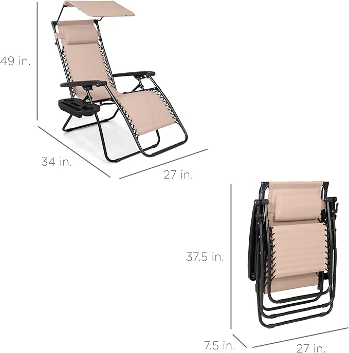 Best Choice Products Folding Zero Gravity Outdoor Recliner Patio Lounge Chair w/Adjustable Canopy Shade, Headrest, Side Accessory Tray, Textilene Mesh - Sand