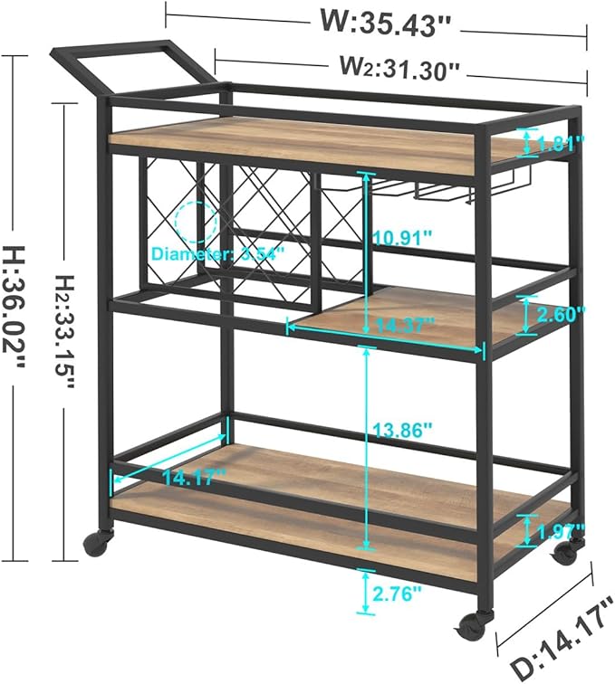FATORRI Bar Cart for The Home, Rolling Wine Carts on Wheels with 3 Tier Wood Shelves, Liquor Beverage Cart with Wine Rack and Glass Holder (Rustic Oak)