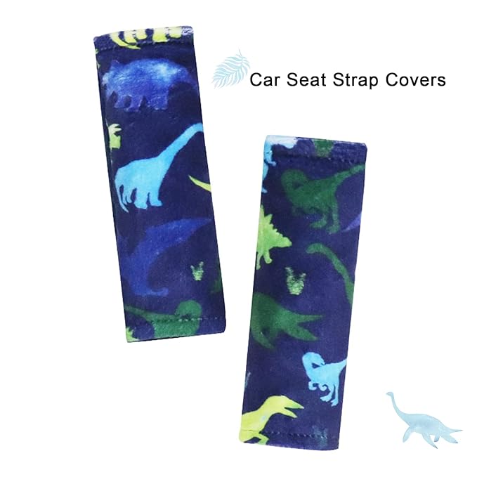 Baby Carseat Headrest and Strap Covers, Dinosaur Minky Infant Strollers Head Support & Seat Belt Cover, Toddler Strollers Headrest and Neck Cover, Car Accessories for Newborn Boys Girls