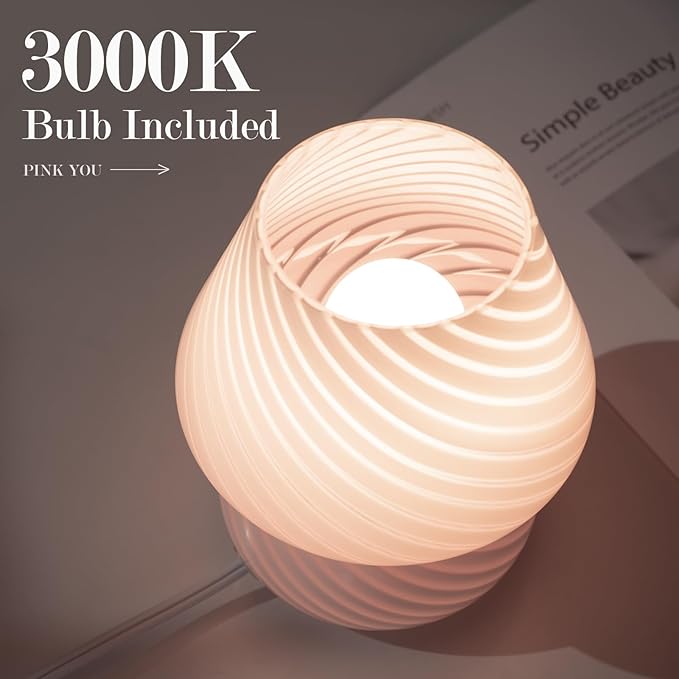 ONEWISH Mushroom Lamp-Small Bedside Table Lamp with Striped Glass, Nightstand Lamp for Bedroom, Living Room, Cafe, Bulb Included, Home Decor for Girls Women, Pink