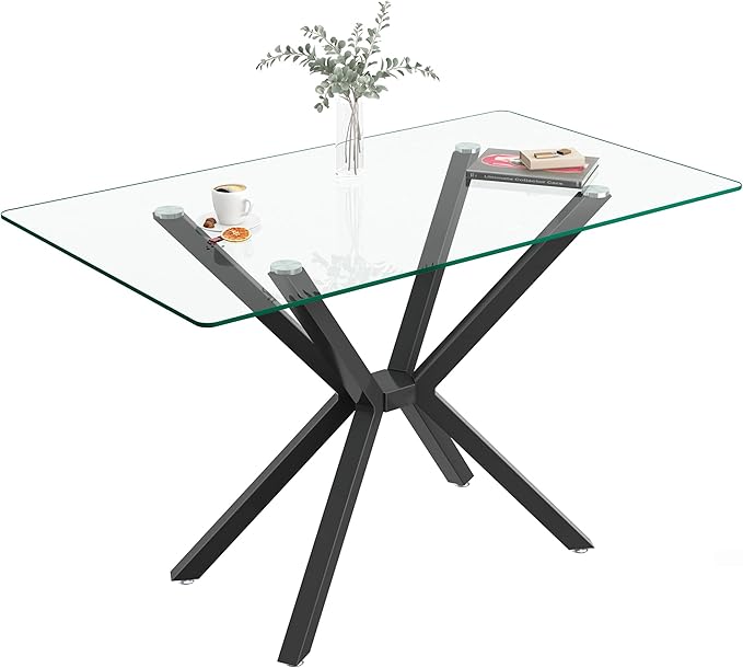 47.24" Rectangular Glass Dining Table Modern Kitchen Glass Top Table for 4 with Black Metal Legs, Clear Dining Table Kitchen Table for Home Office Dining Room