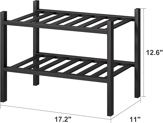 Black Small Shoe Rack for Entryway,2-Tier Bamboo Shoe Organizer for Hallway Closet, Free Standing Shoe Racks for Indoor Outdoor