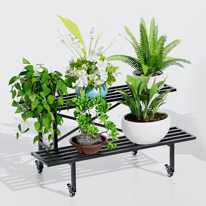 Zhongma 2 Tier Sturdy Metal Plant Stand with Wheels, L35.43 x W17.5 x H16.14 inch, Heavy Duty Plant Holder for Home Indoor and Outdoor,440 LBS Capacity & Heavy Duty Construction