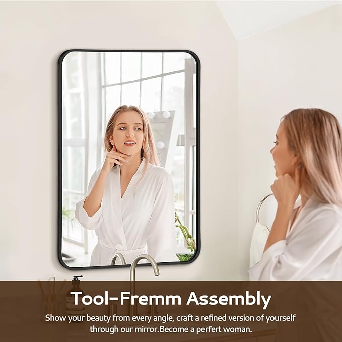 20x28 Rounded Rectangle Bathroom Mirrors for Over Sink, Black Vanity Mirror with Metal Frame Wall Mounted, Modern Farmhouse Mirror for Restroom, Bedroom, Entryway Decor