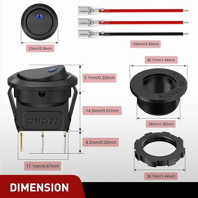 Nilight 1PC Round Rocker Switch with Shell 12V 24V 20A Blue LED Toggle swtich with 16AWG Wires SPST 3Pin 2 Position for Car Truck Vehicle Boat Marine Rocker On Off Control