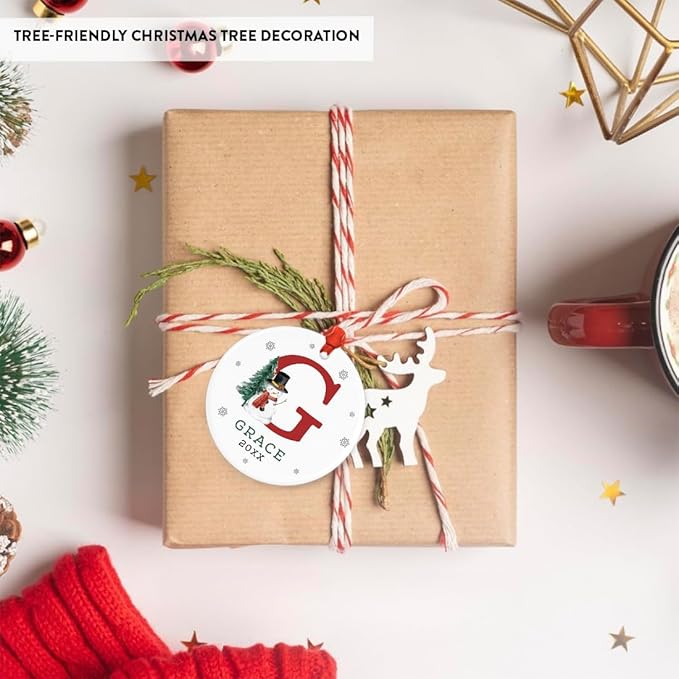Andaz Press Personalized Ornament, Custom Name, Initial G Monogram Snowman 2.8" Ceramic Porcelain 2025 Christmas Ornament Keepsake for Kids, Boys, Girls, Initial Ornaments, 1-Pack
