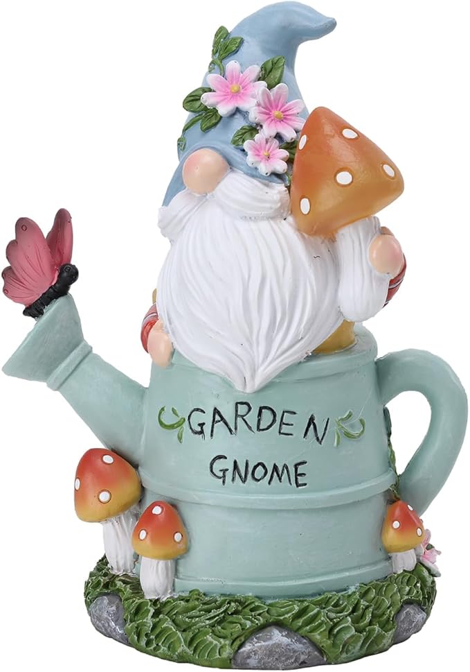 Garden Gnome Statue, Solar Powered Gnome Outdoor Decorations with Watering Can Shape - Resin Gnome Figurine with Mushroom Solar Lights for Porch Patio Lawn Yard Art Decor, Gift for Mom