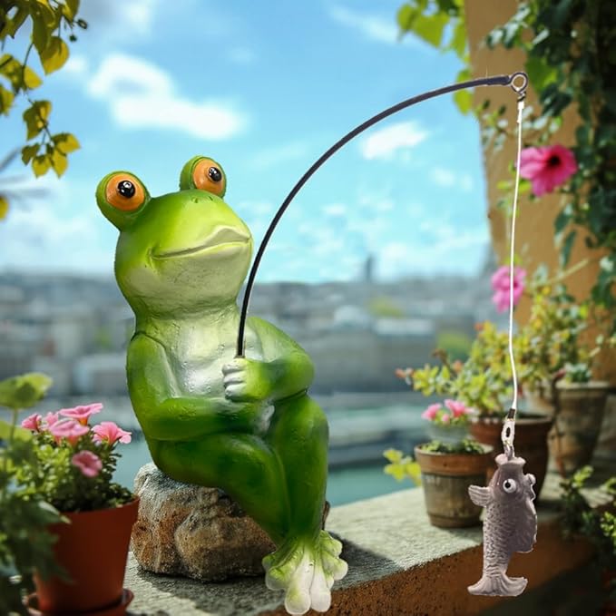 Frog Fishing Statue Garden Decor – 9.8" Weatherproof Resin Frog Fishing Sculpture Decor for Fish Ponds, Koi Ponds, Waterfalls, Poolside & Outdoor Gardens– Resin Figurine for Indoor & Outdoor Décor