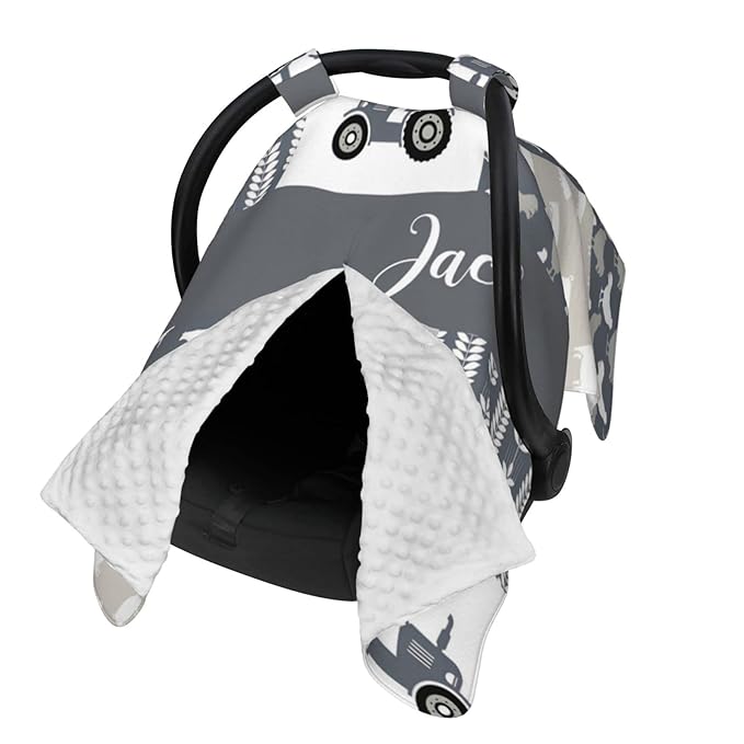 Personalized Baby Car Seat Canopy for Babies with Name, Custom Car Seat Covers for Boys and Girls, Infant Opening Minky Nursing Breastfeeding Stroller Cover Carseat Canopies for Newborn (Farm Theme)