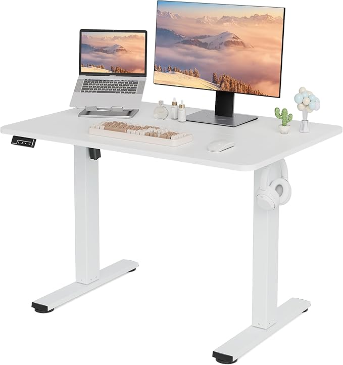 Electric Standing Desk Adjustable Height, 40x24 Inches Sit Stand up Desktop for Home Office, Ergonomic Rising Computer Table with Memory Preset, White
