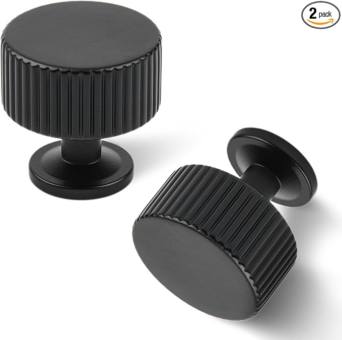 Matt Black Kitchen Cabinet Knob, 2 Pack Solid Brass Dresser Drawer Pulls, 1-1/10 Black Cabinet Knob for Cabinet Cupboard Wardrobe, Bifold Door Hardware Handles