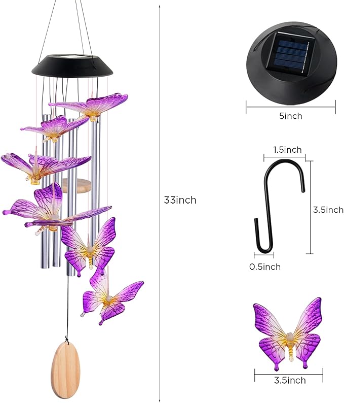 Butterfly Decorative Mobiles Gifts, Solar Butterfly Wind Chimes, Gifts for Mom, Women, Grandma, Garden Courtyard Lawn Decor, Thanksgiving Gift