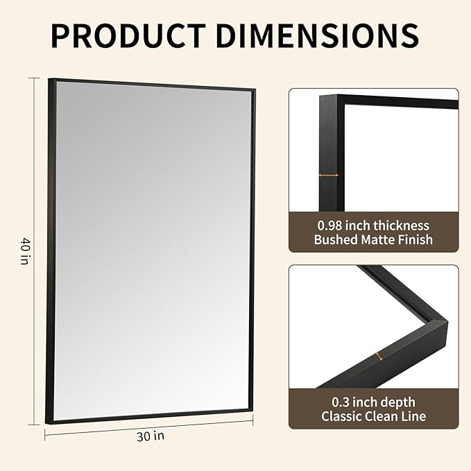 Matte Black Mirror, 40x30 Inch Aluminum Framed Rectangle Mirror, Anti-Rust, Tempered Glass, Square Corner Wall Mirror for Over Sink, Vanity, Bedroom, Entryway, Horizontal/Vertical