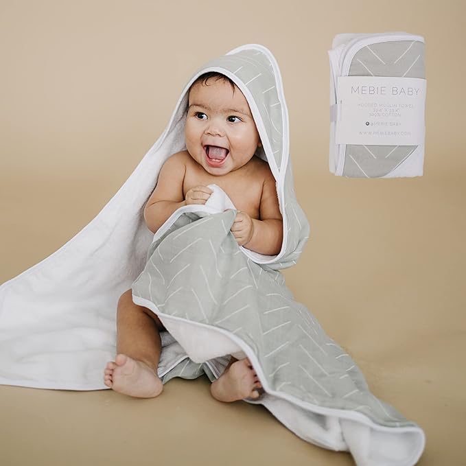 Mebie Baby Muslin Hooded Towel, Desert Sage, Cute Hooded Baby Bath Towel for Newborn, Infant & Toddler, Modern Baby Towels and Washcloths for Boy & Girl, Floral & Pattern Hooded Baby Towels